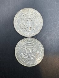 2 Silver Kennedy Half Dollars 1968-D, 1969-D