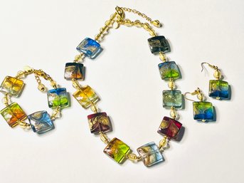 Brilliant Murano Glass Necklace, Bracelet And Earrings Signed