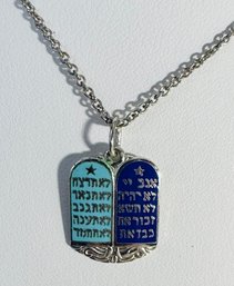 VINTAGE STERLING SILVER LIGHT & DARK BLUE ENAMELED 10 COMMANDMENTS NECKLACE