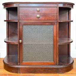 A Vintage Art Deco Mahogany Bow Front Bar With Chicken Wire Glass Paneled Door, C. 1930's