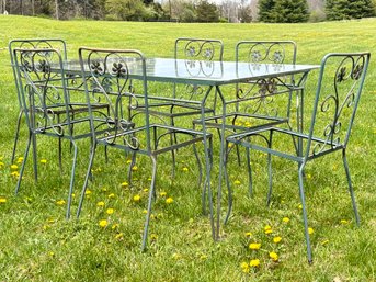 A Vintage Wrought Iron Glass Top Dining Table And Set Of 6 Chairs