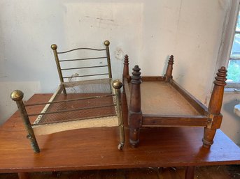 TWO ANTIQUE DOLL BEDS, 26' X 14' X 14'