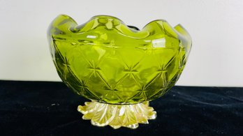 Vintage Indiana Glass Rose Bowl With Quilted Diamond Green Duette Gold Leaf Foot