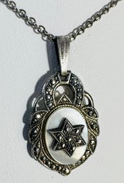 VINTAGE STERLING SILVER MOTHER OF PEARL MARCASITE STAR OF DAVID NECKLACE