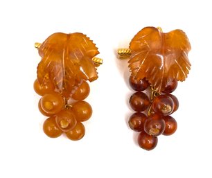 Lot Of 2 Vintage Russian Gold Filled Amber Leaf Grape Brooch/pin
