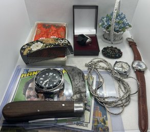 Large Antique And Vintage Collectibles Lot- Watches, Knife, Jewelry, Sports Cards, Edwardian Beaded Bouquet