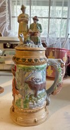Beautiful Vintage Hand Decorated Tall Beer Stein Mug With Top Lid Animals & Men, Women With A Dog.
