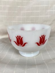Lot 2 - Vintage Fire King Milk Glass Bowl Red Tulips  4' No Chips