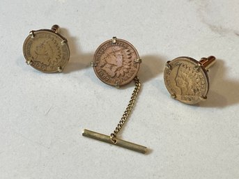 Cuff Link And Tie Clip Indian Head Set