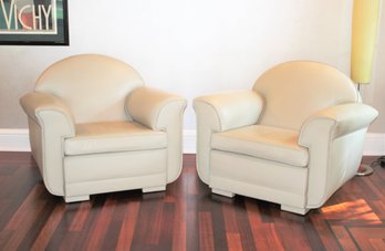 Gorgeous Pair Of 1920S Original Frame Art Deco Club Chairs Recovered In Taupe Leather- Fred Silberman Antiques