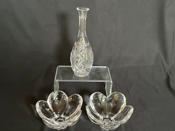 Pair Of Orrefors Of Sweden Pomona Five Petal Crystal Bowls Plus Vintage Cut Glass Crystal Vase