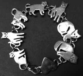 WHIMSICAL SILVER TONE CAT BRACELET: Vintage, Heart At Clasp, 7.5 Inches Long, 3/4 Inch Tall Cats