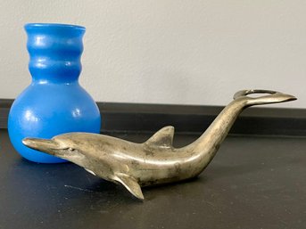 Dolphin Bottle Opener & Little Blue Glass Vase