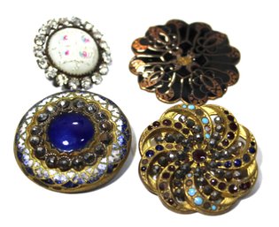 Four Antique Enamel And Fancy Stone Set Buttons Gilt Brass