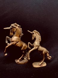 Pair Of Vintage Solid Brass Rearing Unicorn Statues/figurines