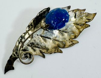 VINTAGE HAND MADE .900 SILVER AND LAPIS FLOWER LEAF BROOCH