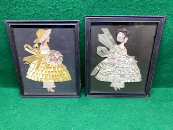 Pair Of Antique Framed Ribbon And Lace Dolls. Yes Shipping.