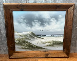 Framed Oil On Canvas Cloudy Beach Signed Painting