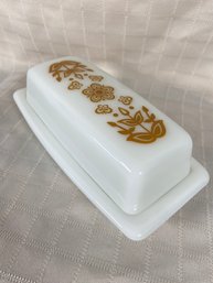 Lot 2 - Vintage Pyrex Butterfly Gold Milk Glass Butter Dish No Chips