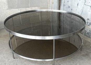 Large 42' Retro Round Chrome And Smoked Glass Two Tier Coffee Table