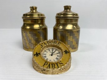 Pair Of Brass Covered Jars & J'Adore, Paris Clock