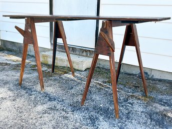 A Pair Of American Primitive Sawhorses And Bead Board Door - Fashioned As Console Or Bar - Early 19th C.