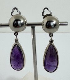 SILVER TONE AMETHYST DANGLE CLIP-ON EARRINGS