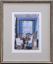 A Picasso Serigraph - GUITAR AND FRUIT DISH ON A PEDESTAL IN FRONT OF AN OPEN WINDOW