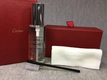 (1 Of 2) Brand New $85 CARTIER Jewelry & Watch Cleaning Kit - Fluid - Polish Cloth - Brush & Cartier Slide Box
