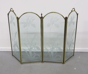 A 4 Panel Etched Lily On Glass Folding Fireplace Screen