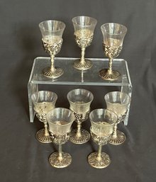 Vintage Set Of 8 Cordial Glasses With Silverplate Stem And Glass Inserts 4' Tall