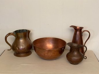 Lot Of Vintage Copper Pitchers With Bowl