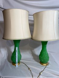 Pair Of Vintage MCM Green Opaline? Glass Table Lamps Molded Grape Vine And Leaf 3 Lights 29in With Shade 32in