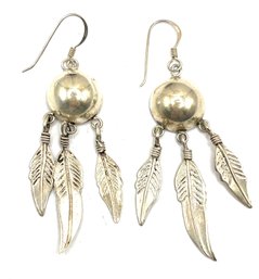 Vintage Sterling Silver Dome And Feather Dangle Earrings