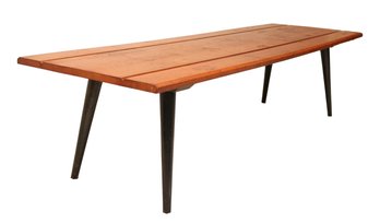 MCM 1960s Rectagular Long Low Profile Wood Coffee Table  With Slanted Black Tapered Legs