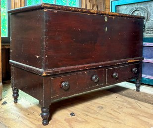 Early Blanket Chest In Original Red Paint On Turned Legs With Two Drawers