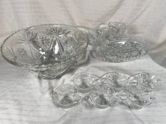 Clear Cut Glass Punch Set 6 Cups Creamer And Sugar Dish Nut Candy Dish