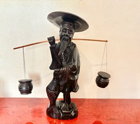 Asian Hand Crafted Ironwood Chinese Man Carrying Water Bucket