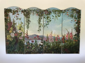 Beautiful Late 19th Century 4 Panel Hand Painted Floral Screen Room Divider