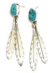 Vintage Sterling Silver Turquoise Long Feather Dangle Earrings