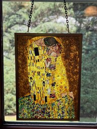 Stained Glass Hanging Panel Reproduction Of The Kiss By Gustav Klint In A Brass Frame 7-3/8'L