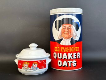A Fabulous Vintage Quaker Oats Canister In Ceramic & Covered Campbell's Soup Crock