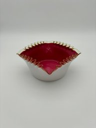 Vintage Square Art Glass Dish In Red/White Cased Glass With Striking Transparent Zig-zag Edge Detail