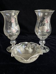 Silver Trimmed Glass Candle Votives And Bowl