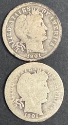 2 Barber Silver Dimes 1901, 1901-O