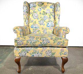 A Vintage Wing Back Chair In Cheerful Print By Smithe-Craft