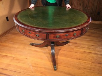 Beautiful 19th Century English William IV Mahogany With Rosewood Legs And Green Tooled Leather Top Drum Table
