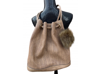 Taupe Cinched Bucket Bag With Faux Fur Pom Tassel