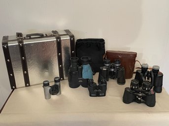 6 Pair Of Vintage Binoculars In Silver Suitcase