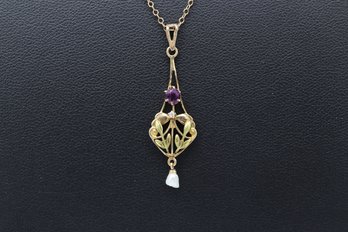 Stunning 10k Yellow Gold Edwardian Lavalier Pendant Necklace Amethyst & Diamond